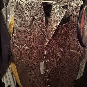 Men's Brocade Patterned Vest in Metallic Brown and Black. With Bow Tie & Hanky.